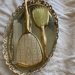 Gold Vintage-Style Vanity Hairbrush and Mirror Tray Set